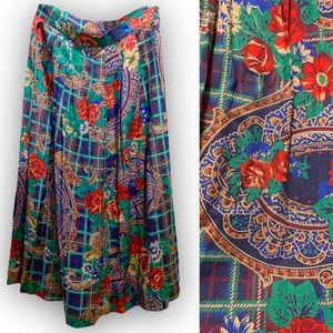 Vintage Sz 10 paisley floral plaid midi skirt jewel tone rose medallion M 80s